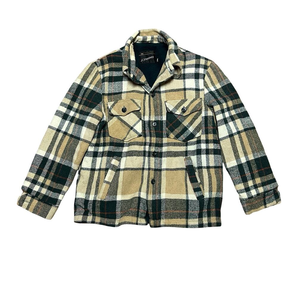 Jc Penney Vtg Checked Wool Style Cpo Plaid Shirt Jacket Mens Medium Tan Brown